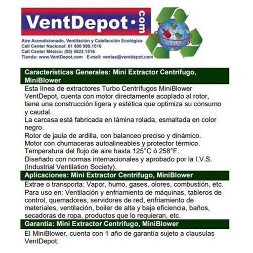  Extractor de Aire Chico, MXMIN-002-5, Rotor Jaula Ardilla 5" Diámetro, 306m3/hr, 1550RPM, 127V, 0.50A, 1/30HP, 60Hz, 48dB., MiniBlower