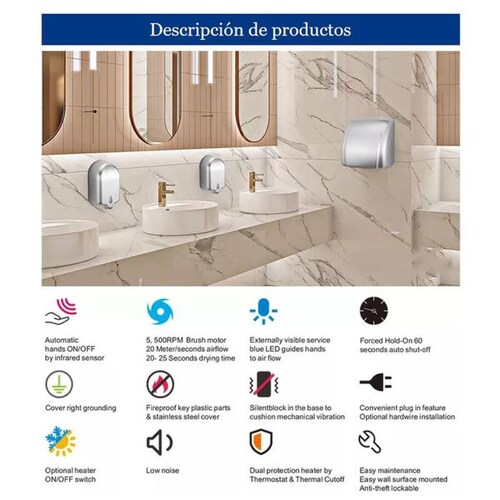 Secador de Pared de Manos MXSVI-001-1 1 Pza Plata Mate con Sensor 20cm 2100W 110130V 60Hz 8A Tiempo de Secado 12 a 15 seg, DrySilver