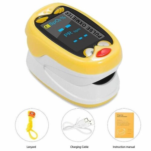 Oxímetro Infantil MXOKP-001-21 1Pza Amarillo Rango de Medición 70porciento -99porciento Spo2 30 a 240BPM mas menos 2BPM o mas menos 2porciento PR, OxiKid Pro