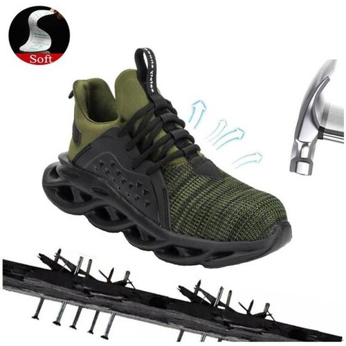 Botas de Seguridad Ligeros MXYAE-013-1 Talla 14US, 29MX, Verde, Plantilla Kevlar, Suela EVA, Punta de Acero, Agujetas, Ligero, Transpirable.
