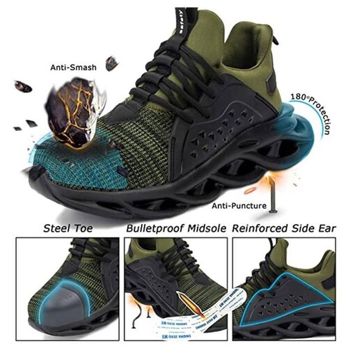 Botas de Seguridad Ligeros MXYAE-013-1 Talla 14US, 29MX, Verde, Plantilla Kevlar, Suela EVA, Punta de Acero, Agujetas, Ligero, Transpirable.