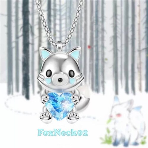 Joyeria de Cadenas de Zorros MXFON-004-4 4 Pzas Collar ZorroCorazón PlataAzul Metal, FoxNeck02