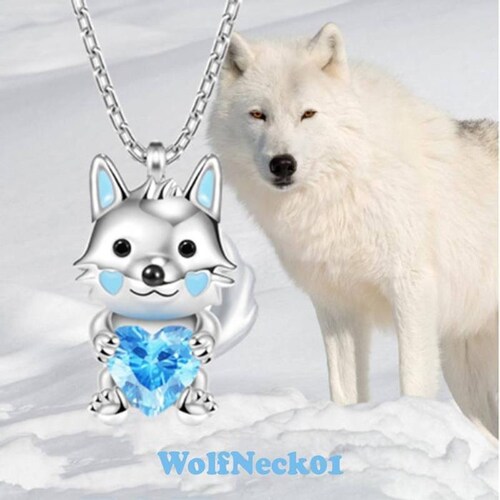 Cadenas para Niñas MXWOF-003-5 3 Pzas Collar LoboCorazón PlataAzul Metal, WolfNeck01