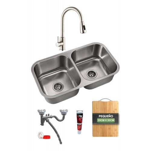 Fregadero De Cocina, Tarja Doble Acero Inox. incluye contra canastas, cespol, accesorios y tabla para cortar de regalo
