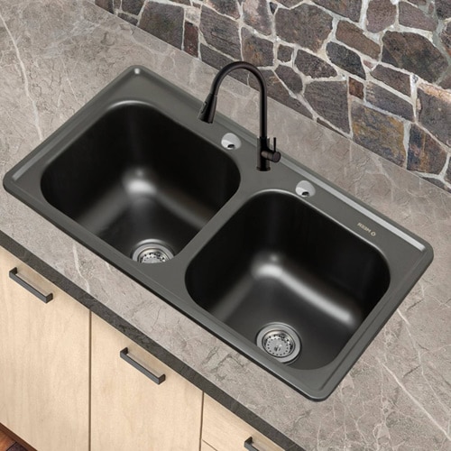 Tarja Doble de Acero Inoxidable color Negro Mate (84 cm x 48 cm) incluye Mezcladora y Kit de Instalación.