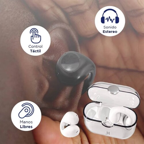 JH HOKINS Audífonos Clip de Oreja, Compatible con Asistente Siri, Alexa, Google, Bluetooth 5.2, Audífonos con Cancelación de Ruido IA y Resistencia al Agua IPX6, 10 Horas de Uso
