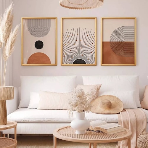 Set 3 Cuadros Minimalista Bauhaus Boho Neutral Marco Madera