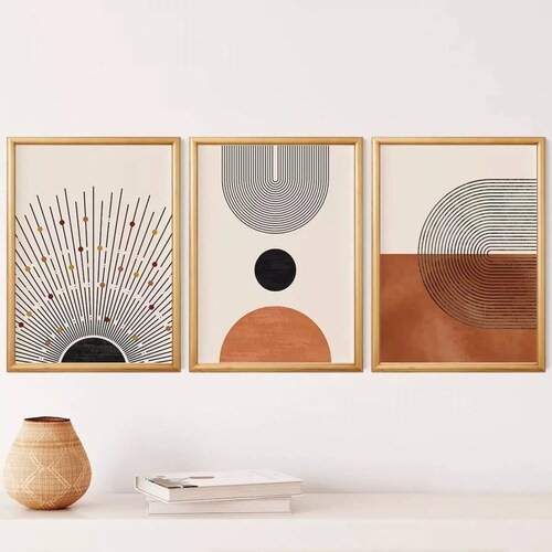 Set 3 Cuadros Minimalista Bauhaus Boho Neutral Marco Madera
