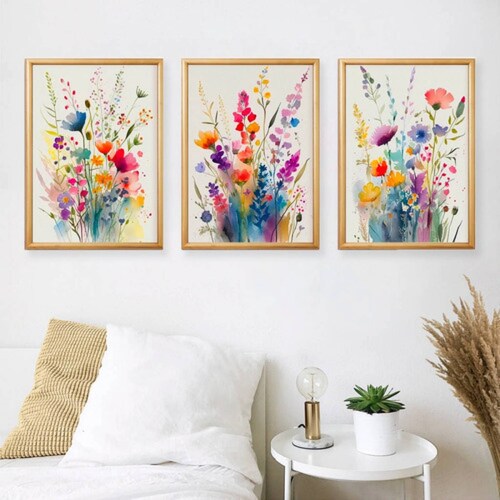 Set Cuadros Flores Acuarela Con Marco Madera Colorido Moderno