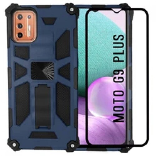 Funda Uso Rudo Rugged Robot Mas Mica 9D Para Moto G9 Plus Azul