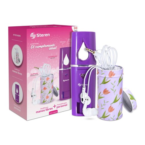 Paquete de Mini Humidificador Personal y Audífonos Manos Libres con Estuche Protector en Forma de Lata Steren
