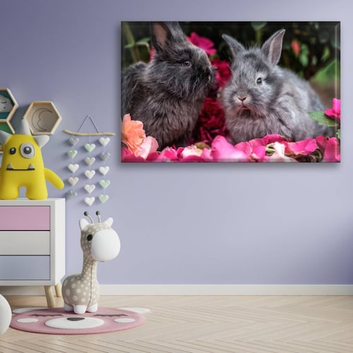 Cuadro Canva Decorativo Conejos Grises 90X60 cm