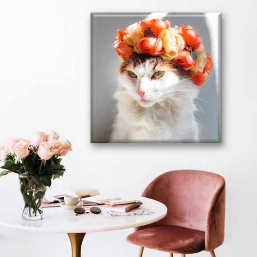 Cuadro Canva Decorativo Gato Corona De Flores 40X40 cm