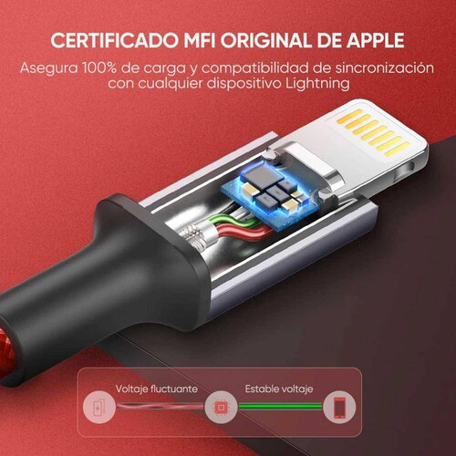 Cable Datos UGREEN USB-A a Lightning 1m rojo certificado para iPhone e iPad 