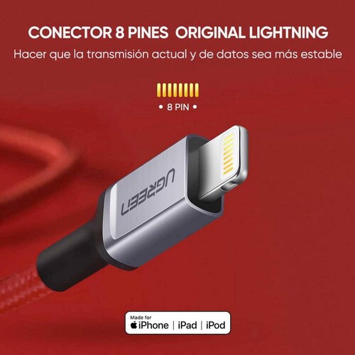 Cable Datos UGREEN USB-A a Lightning 1m rojo certificado para iPhone e iPad 