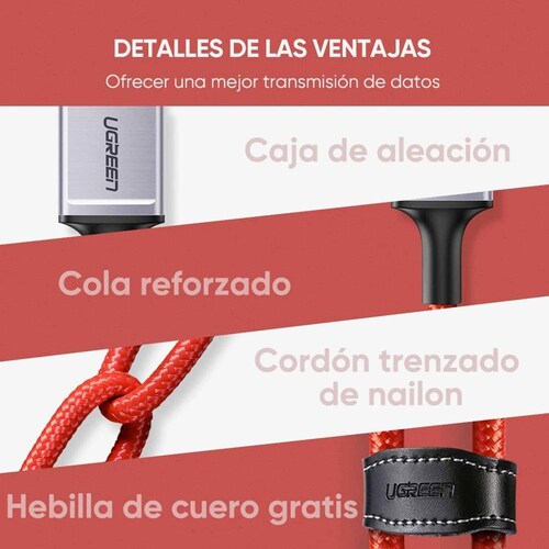 Cable Datos UGREEN USB-A a Lightning 1m rojo certificado para iPhone e iPad 