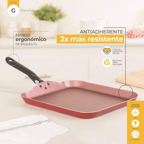 Plancha Cuadrada Ekco Classic 28 cm con Antiadherente Rojo 