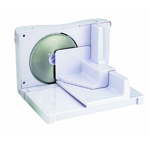 Cortadora de alimentos eléctrica compacta, hoja dentada de acero inoxidable p/ rebanadas finas de carne, queso o pan.