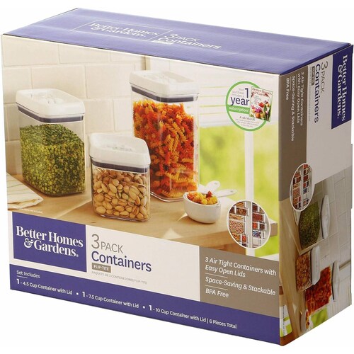 Better Homes & Gardens Flip Tite - Juego de almacenamiento de alimentos - 3 recipientes (cuadrado) 