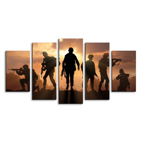 Cuadro decorativo Soldados Atardecer decoración Militar moderno 150x80cm 5 piezas