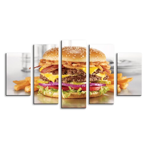 Cuadro decorativo Hamburguesa Doble Decoración para Comedores y Restaurantes 150x80cm 5 piezas