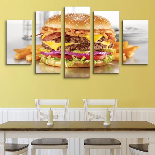 Cuadro decorativo Hamburguesa Doble Decoración para Comedores y Restaurantes 150x80cm 5 piezas