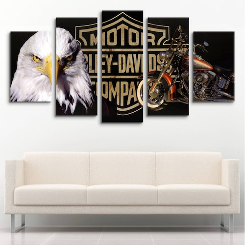 Cuadro decorativo Harley Davidson, Águila y Motocicleta moderno decoración 150x80cm 5 piezas
