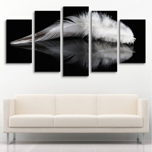 Cuadro decorativo Pluma Blanca Estilo Minimalista moderno decoración 150x80cm 5 piezas