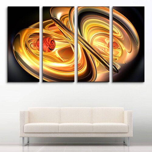 Cuadro decorativo Abstracto Fractal Amarillo 2 metros x 120cm Grandes Modernos 4 Piezas