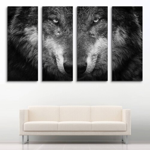 Cuadro decorativo Lobo Gris Minimalista 2 metros x 120cm Grandes Modernos 4 Piezas