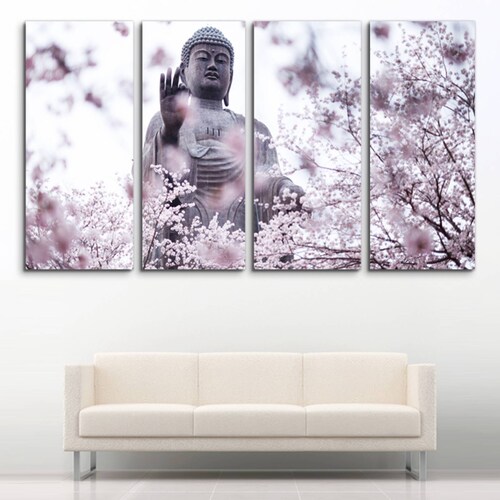 Cuadro decorativo Buda con Flores de Cerezos Decoración Zen 2 metros x 120cm Grandes Modernos 4 Piezas