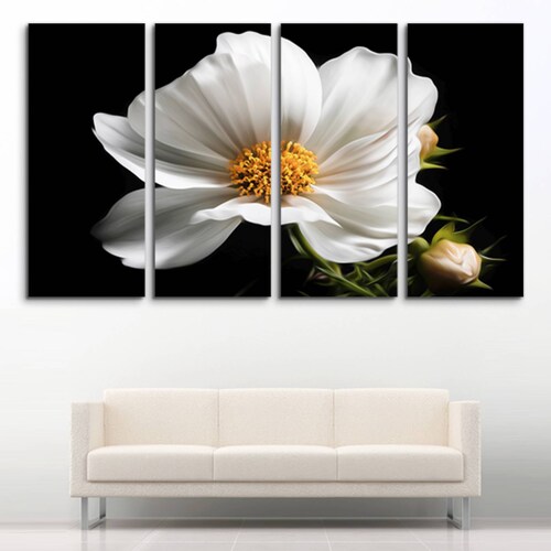 Cuadro decorativo Flor Blanca Minimalista 2 metros x 120cm Grandes Modernos 4 Piezas
