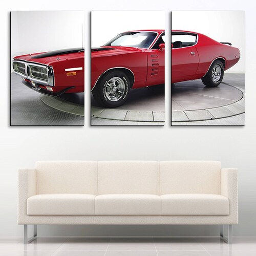 Cuadro decorativo Auto Clásico Vintage Mustang Rojo de Colección moderno decoración 168x86cm 3 Piezas