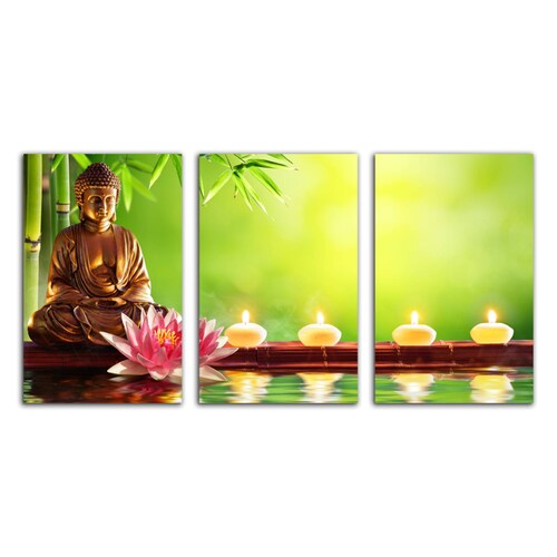 Cuadro decorativo Buda Meditando decoración Zen Spa moderno Verde 168x86cm 3 piezas