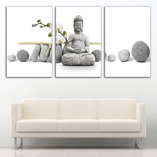 Cuadro decorativo Buda Gris Meditando decoración Zen Spa moderno 168x86cm 3 piezas