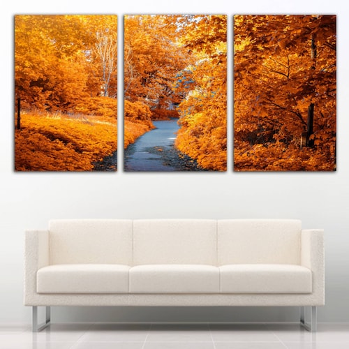 Cuadro decorativo Paisaje Otoño Naranja Naturaleza moderno decoración 168x86cm 3 piezas