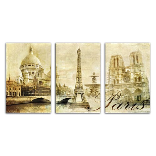Cuadro decorativo Paris Torre Eiffel Postal Vintage decoración 168x86cm 3 piezas