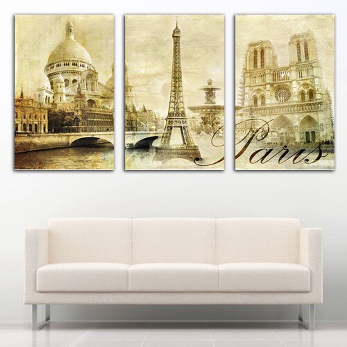 Cuadro decorativo Paris Torre Eiffel Postal Vintage decoración 168x86cm 3 piezas