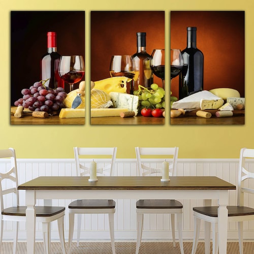 Cuadro decorativo Bodegon, Vinos y Quesos Decoración para Comedores y Restaurantes moderno 168x86cm 3 piezas