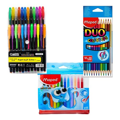Colores Duales De Madera 24 Surtidos + Plumas Gel + Plumones de Dibujo.