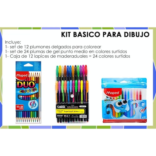 Colores Duales De Madera 24 Surtidos + Plumas Gel + Plumones de Dibujo.