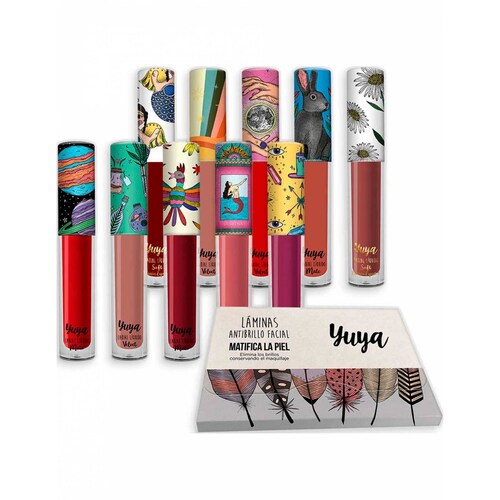Yuya - Paquete 10 labiales + laminitas anti brillo incluye: Labial La Sirena (Chocolate), Chiquita (Vino), Te Quiero (Marrón), Quédate (Ladrillo), Mi amor (Rojo intenso), Recuerdo (Café Naranja), Un Besito, Ramé (Rojo), Margarita (Café Rosado), Paraíso(Rojo)