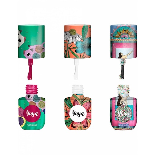 Pack 6 Esmaltes Yuya Varios Colores 8ml Cada uno-Incluye: Bonita (Vino), Serendipia (Marrón Claro), Échate Flores (Blanco), Me quiere, No me Quiere (Nude), Oink (Frambuesa Oscuro), La Sirena (Glitter multicolor)