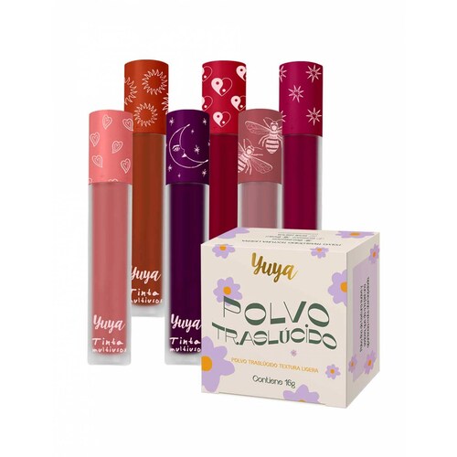 Yuya - Polvo traslúcido con ingredientes naturales 16g + Paquete 6 tintas multiusos 5.5ml c/u Incluye: Párvula (Rosa), Fugaz (Fucsia), Tiempo (Bugambilia), Soledad (Salmón), Ser (Palo de Rosa), Yin Yan (Rojo)