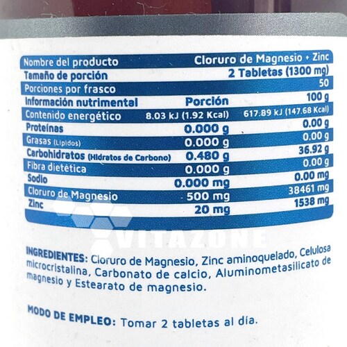 Cloruro de Magnesio Zinc 100 tabletas Vidanat 