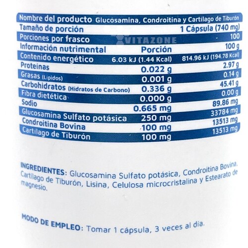 Glucosamina, Condroitina y Cartílago de Tiburón 100 Caps Vidanat. 