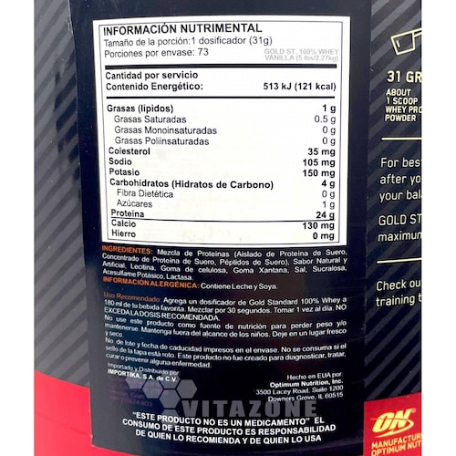 Proteína Gold Standard 100% Whey 5 Lbs Vainilla Optimum Nutrition. 