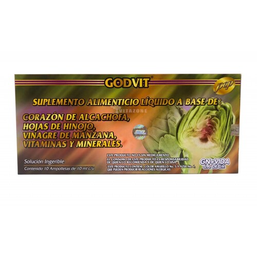 Godvit Alcachofa, Carnitina, Suplemento líquido 10 ampolletas de 10 ml GN+Vida. 