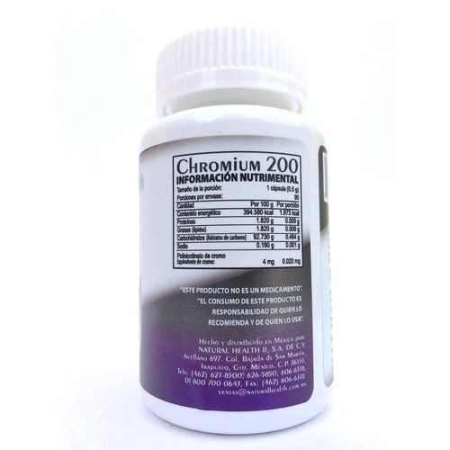 Picolinato De Cromo Chromium 200 90 Cápsulas Natural Health 