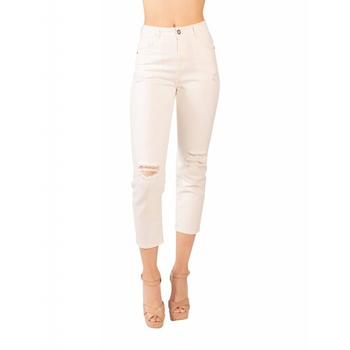 Mom jeans blanco rotos tiro alto 8933R 